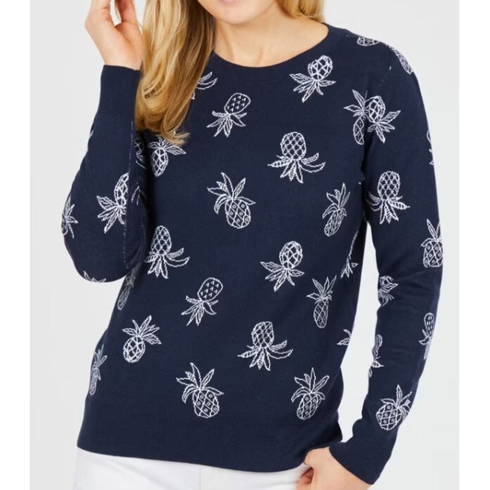 Nautica Navy Blue Pineapple‎ Print Crewneck Sweater Long Sleeve Pullover